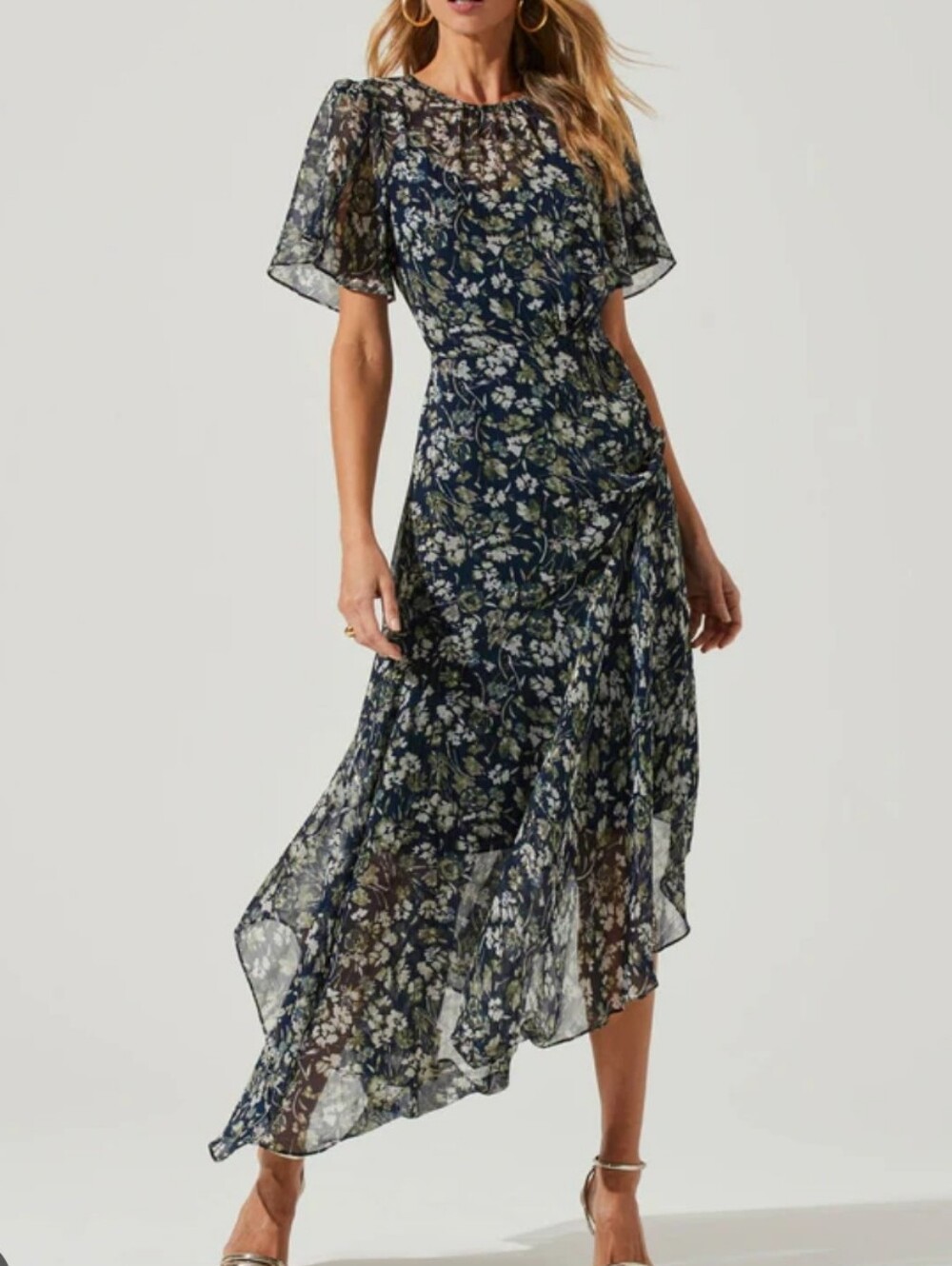 ASTR THe Label Flutter Sleeve Asymmetrical Dress Blue & Green Wedding Guest M